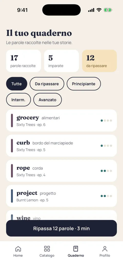 Il quaderno delle parole, con le parole raccolte nelle storie.