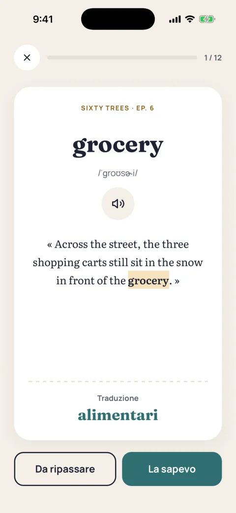 Il ripasso della parola «grocery»: la traduzione, con «Da ripassare» e «La sapevo».