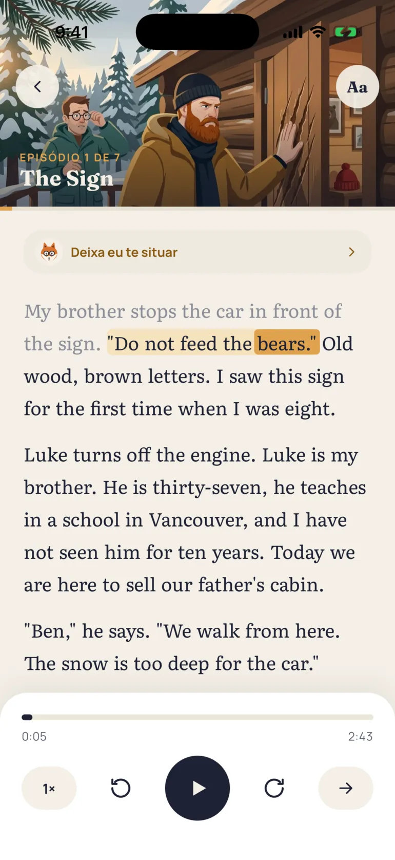 A tela de leitura do Finn: o texto da história se acende no ritmo da voz.